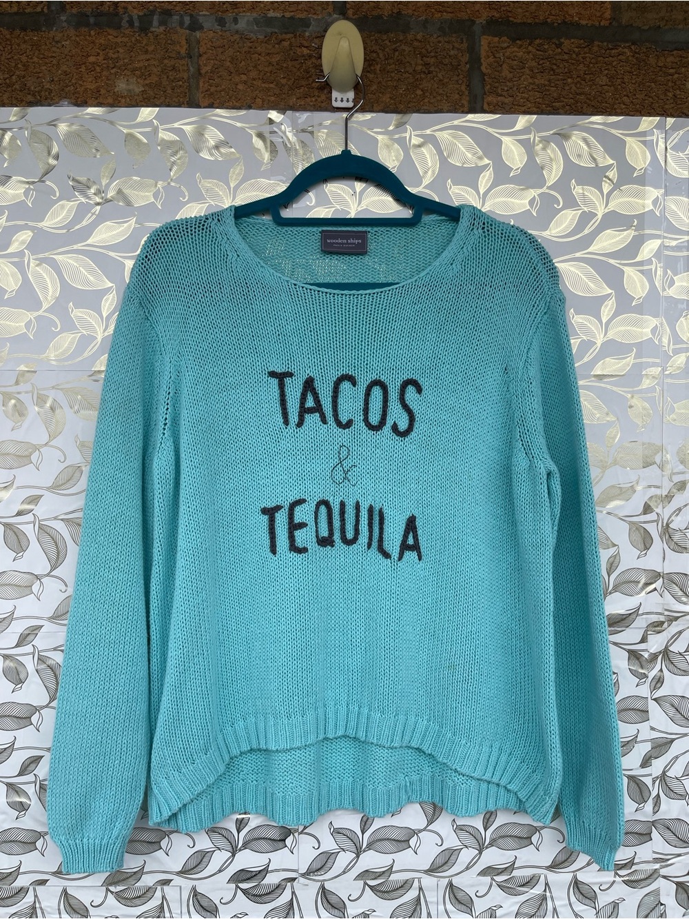 Wooden Ships Tacos & Tequila Knit Cotton Blend Sweater M/L Turquoise
